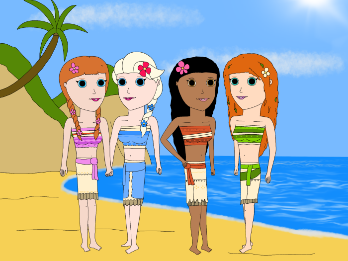 Moana, Merida, Anna and Elsa at the beach